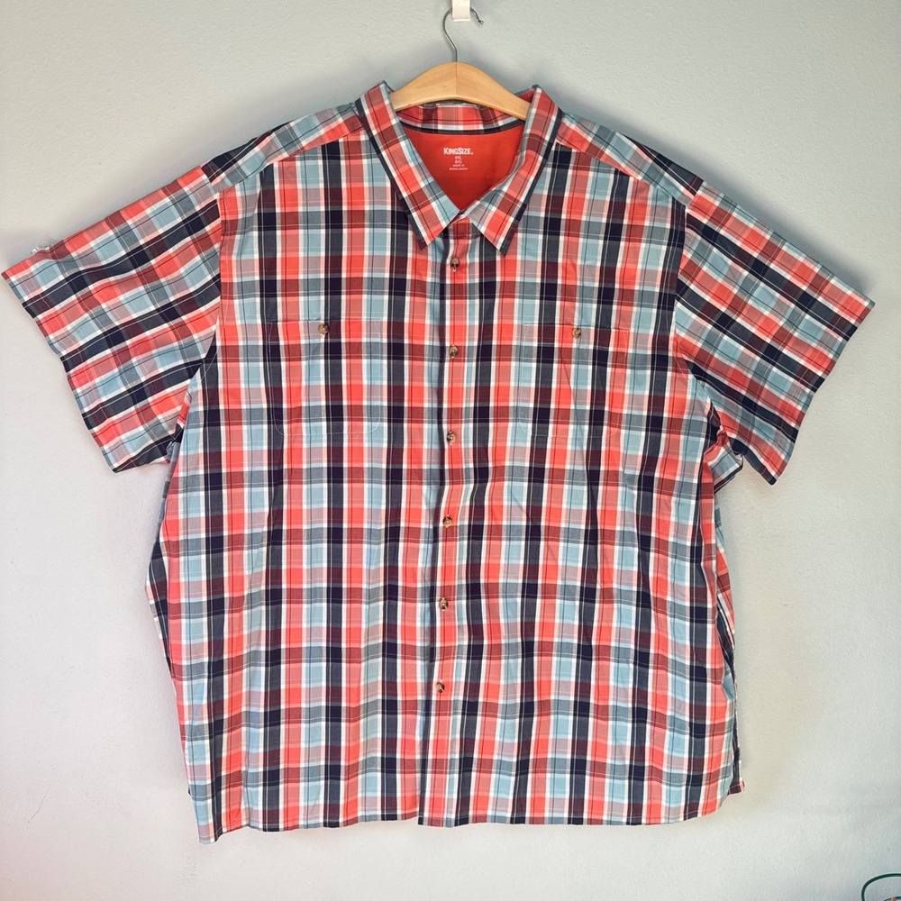 KingSize Mens Big and Tall Red Blue Plaid Short Sleeve Button Down Shirt 6XL Big